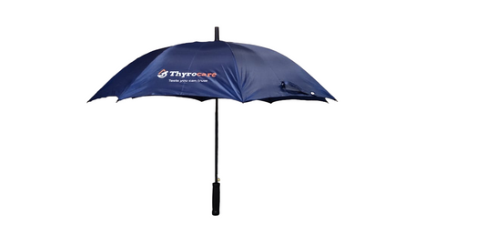 Blue umbrella with a brand logo on a white background